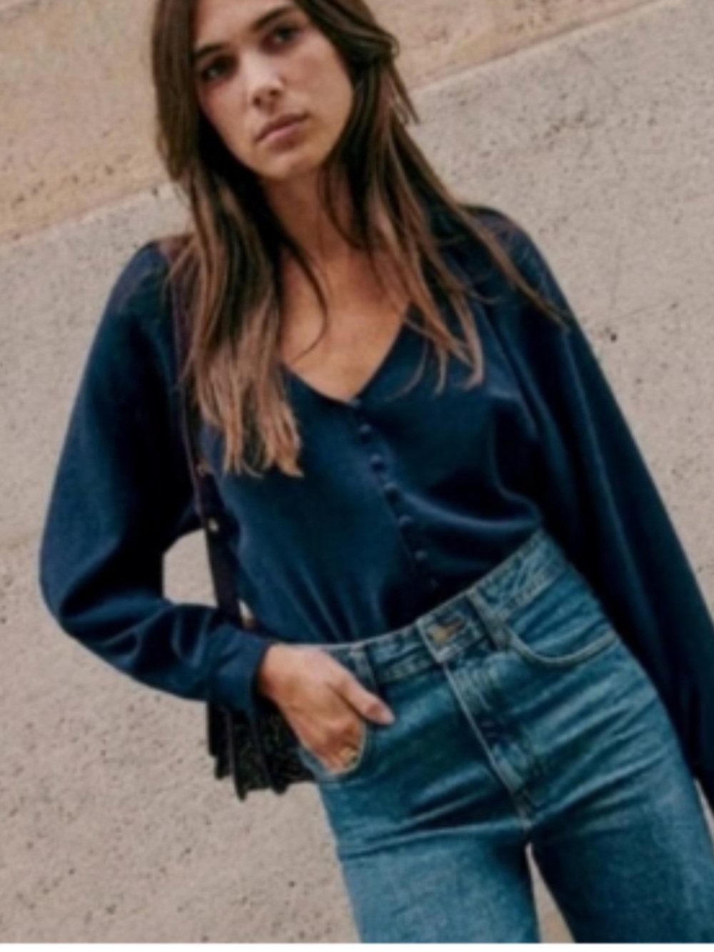 Sezane Navy Erica Boxy Button-Front V-Neck Blouse